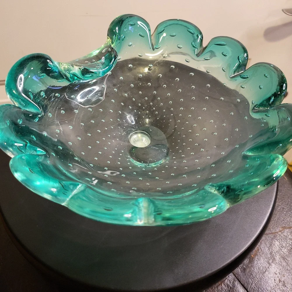 Murano Controlled Bubble Mint Green Heavy Assymetric Bowl w/ Scalloped E…